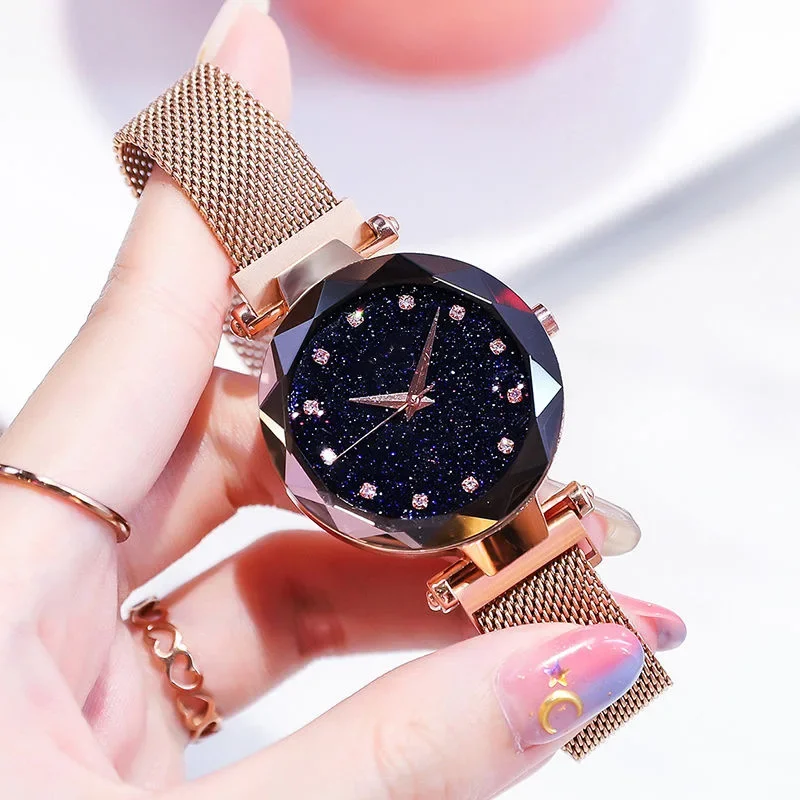 Reloj con cielo estrellado para mujer, pulsera elegante con hebilla magnética, Vibrato de oro púrpura, relojes de lujo