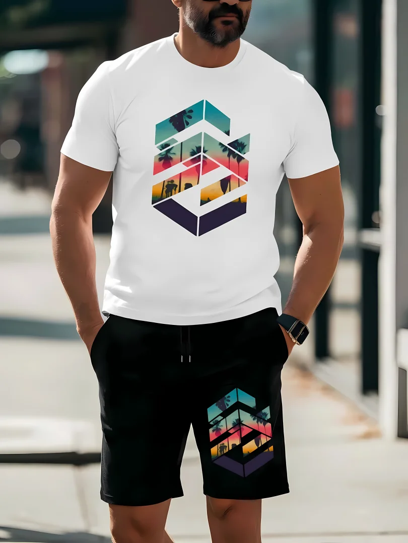 

Men's Geometry Harajuku T-shirt Men's Urban Street T-shirt Shorts Set Men's Soft and Comfortable Sports Two Piece Set