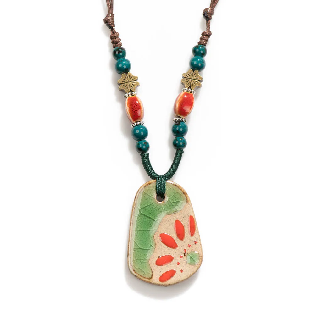 Handmade Vintage Ceramic Necklace Retro craft pottery Ethnic Style Chinese Pendant Unique Women\'s Accessory  X840G