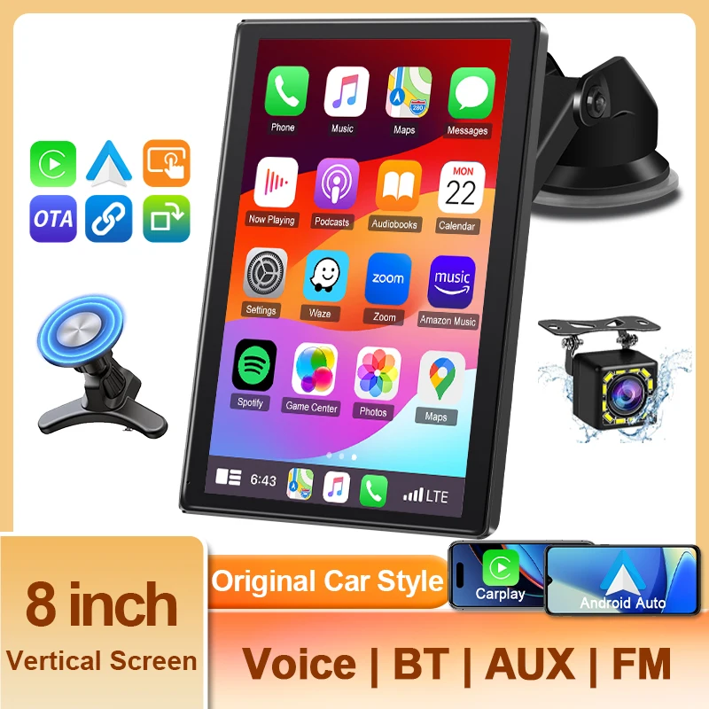 

Vtopek 8-дюймовый вертикальный экран Carplay Автомобильный смарт-экран Мультимедийный видеоплеер Беспроводной Carplay Android Авто задняя камера Радио
