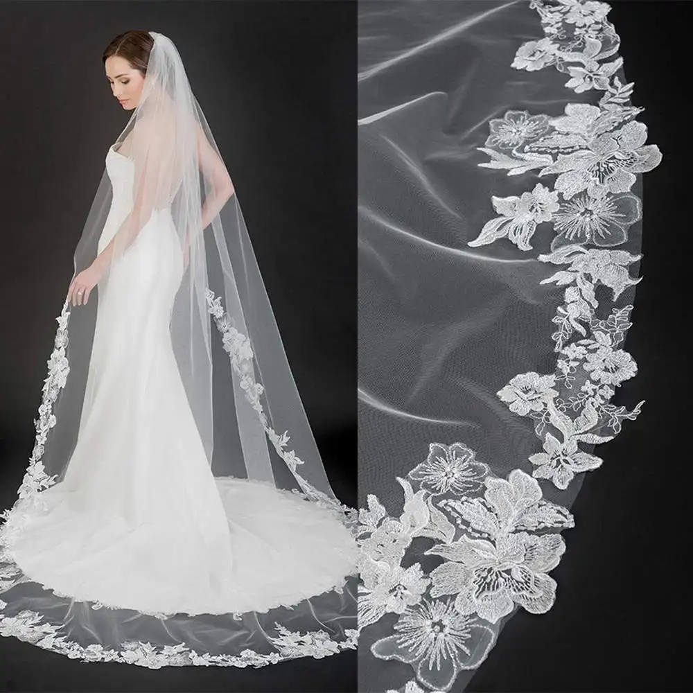 

Gorgeous Bridal Veil White Ivory Wedding Veils With Lace Edge Applique Elegant Chapel Length Wedding Accessories Customized