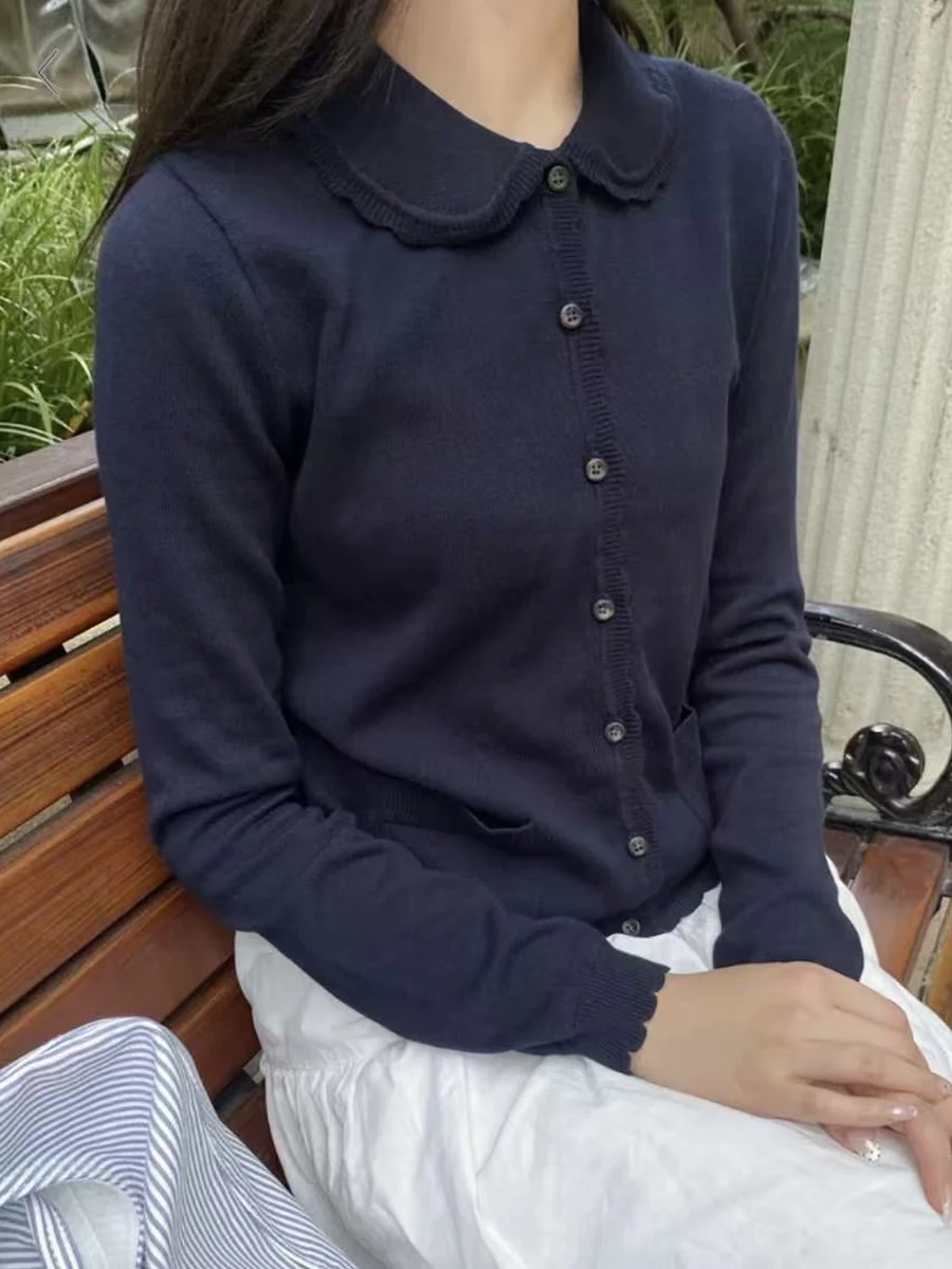 الدانتيل تقليم بيتر بان طوق البحرية سترة المرأة الخريف نمط Preppy الحلو واحدة الصدر طويلة الأكمام جيب ضئيلة محبوك سترة