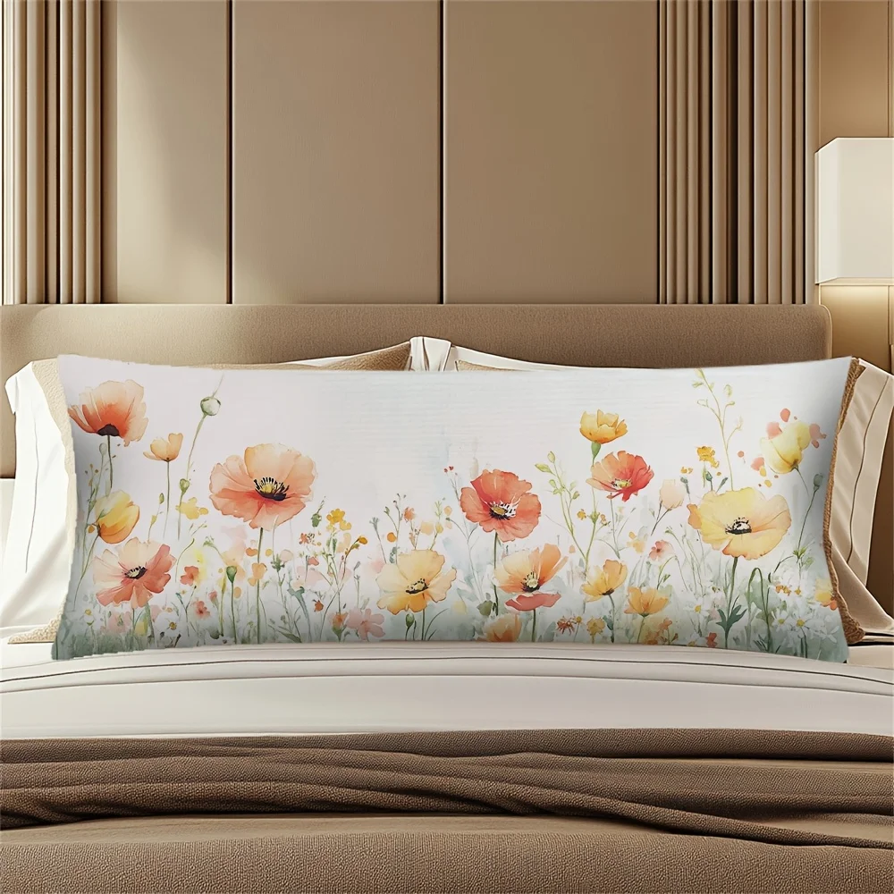 A Vintage Watercolor Poppy Flower Body Pillow Cover, Measuring 54X20 Inches - Made of Easy-Care Polyester with a Zipper Closure,