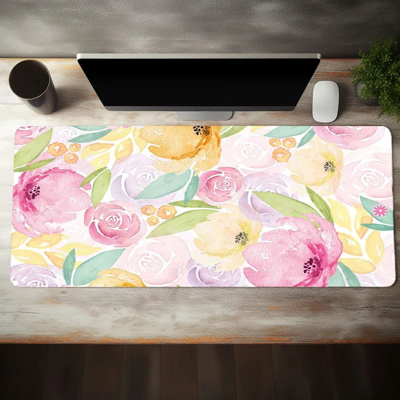 

Boho Watercolor Flowers Large Gaming Mouse Pads Pink Floral Office Desk Mat With Non-Slip Rubber Base, Stitched Edge Mousepad Fo