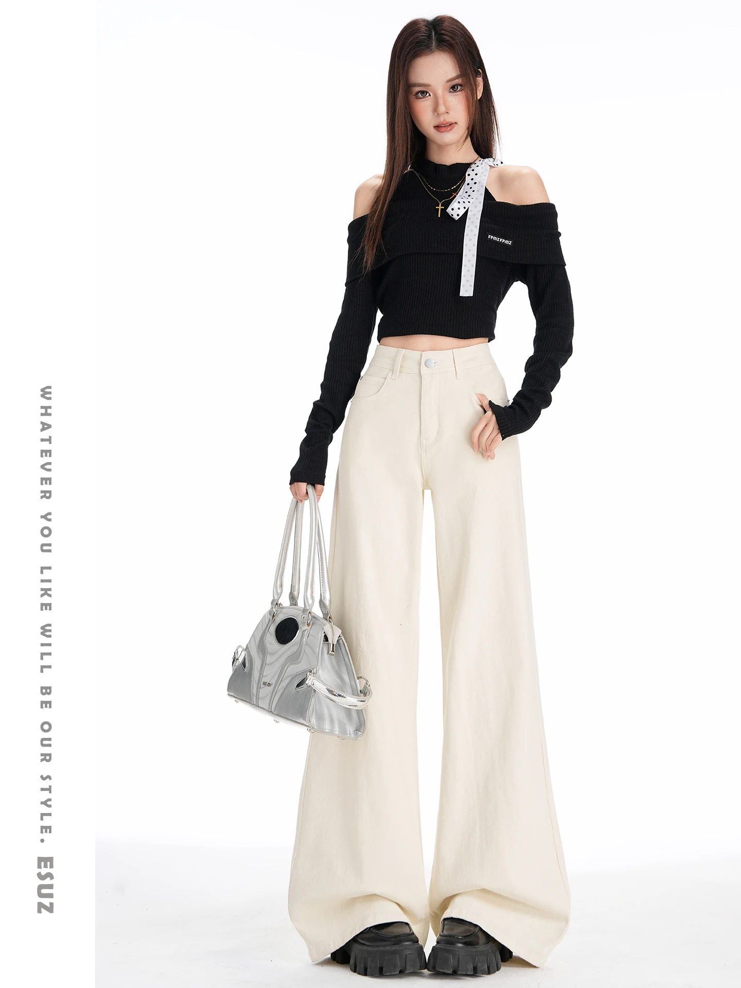

High Waist Wide Leg Denim Jeans Women's Autumn Winter New Sle Offwhite Flared Pants Loose Fit Casual Cotton Polyester