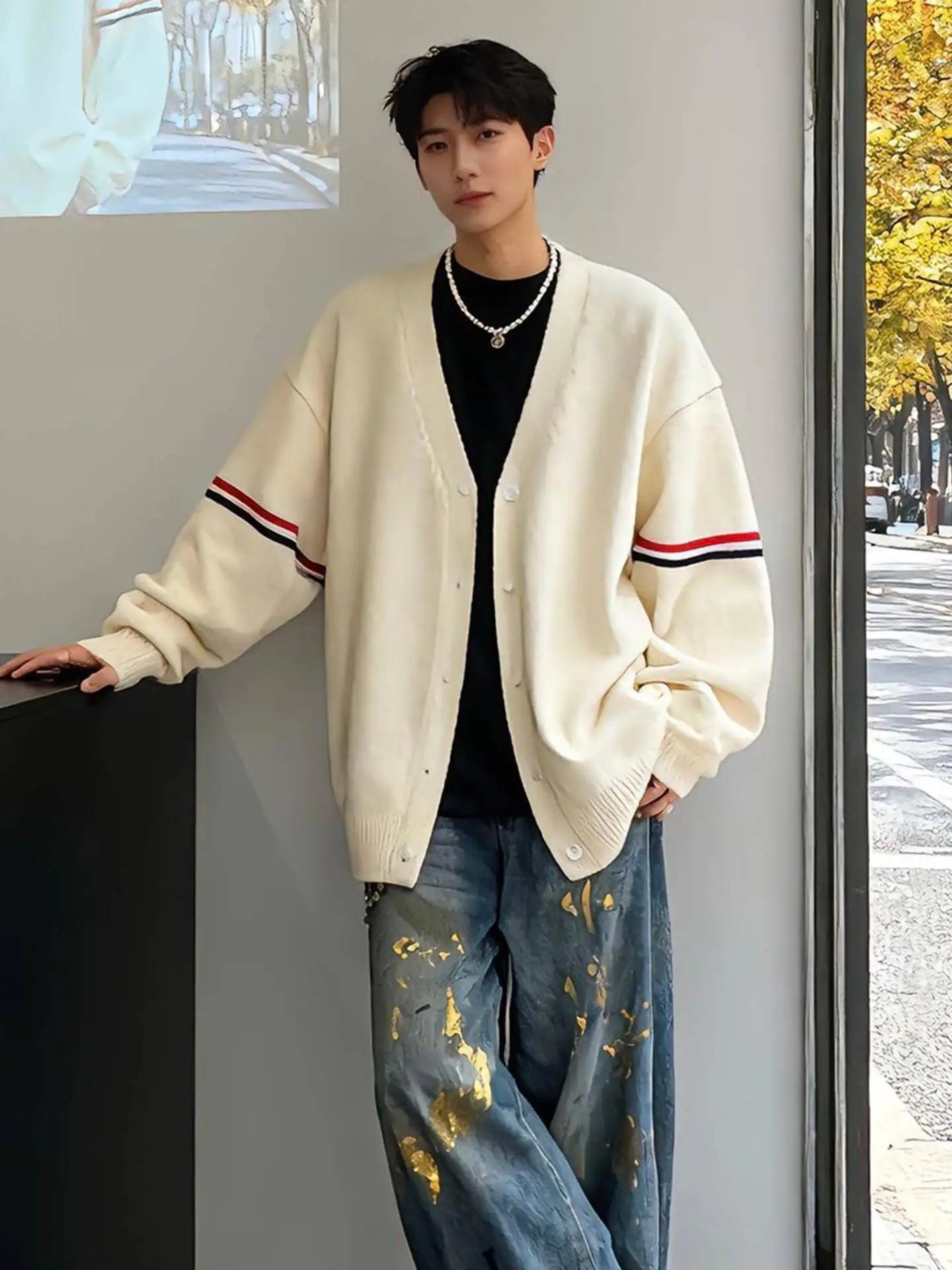 

Мужской модный кардиган с V-образным вырезом в американском стиле, вязаный свитер с цветными блоками, осенне-зимняя повседневная верхняя одежда