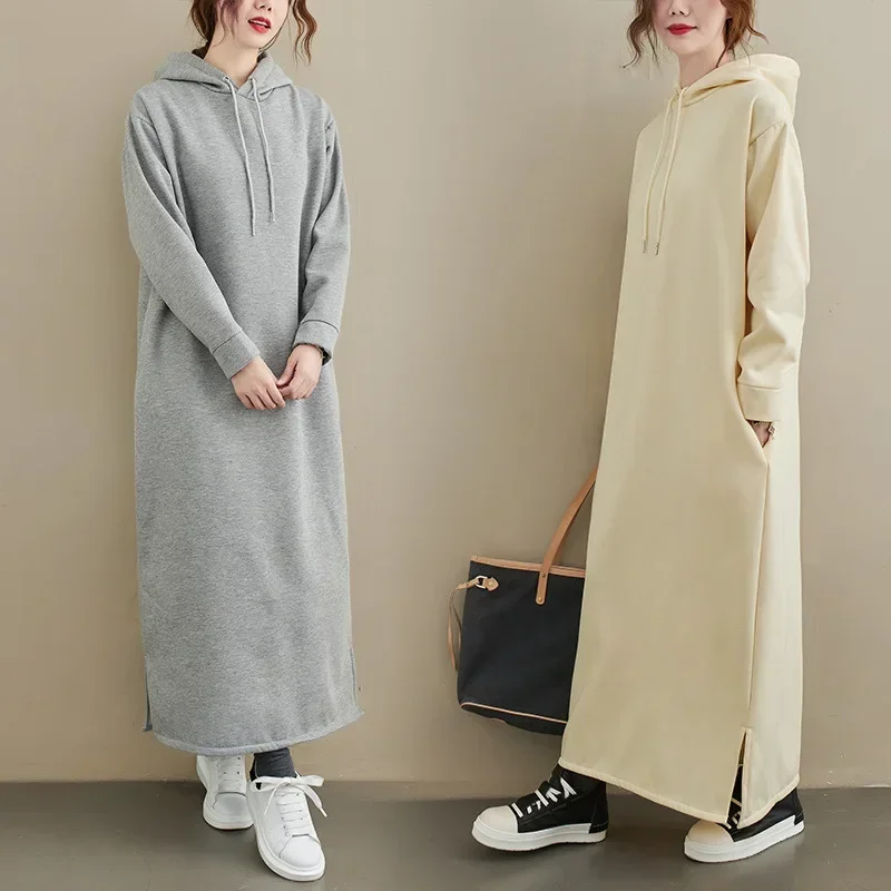 Autumn Winter New Dress Women Fashion Long Sleeve Loose Hooded Pullover Dress Women Cotton Clothes