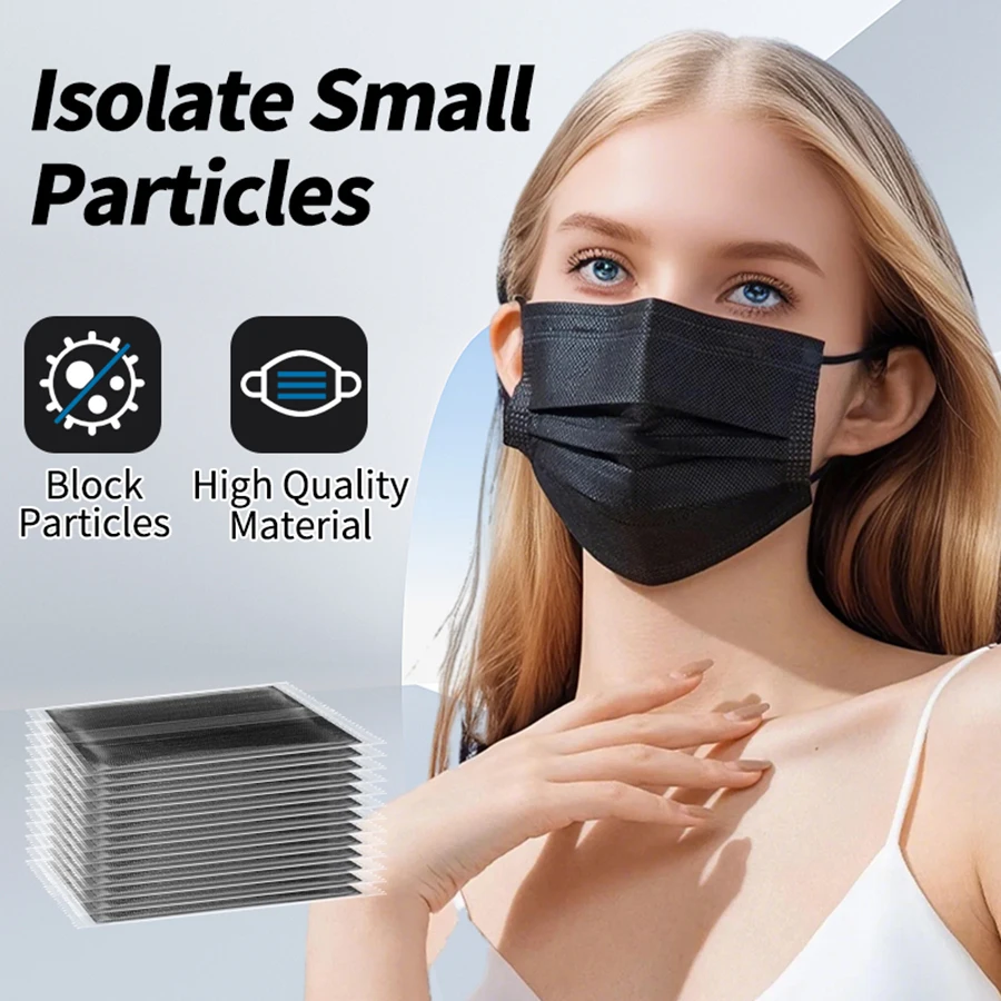 50 قطعة من قناع HENGPIN مكون من 3 طبقات من القماش الذائب للاستعمال مرة واحدة، قناع واقٍ من الغبار، قناع أسود غير منسوج للبالغين