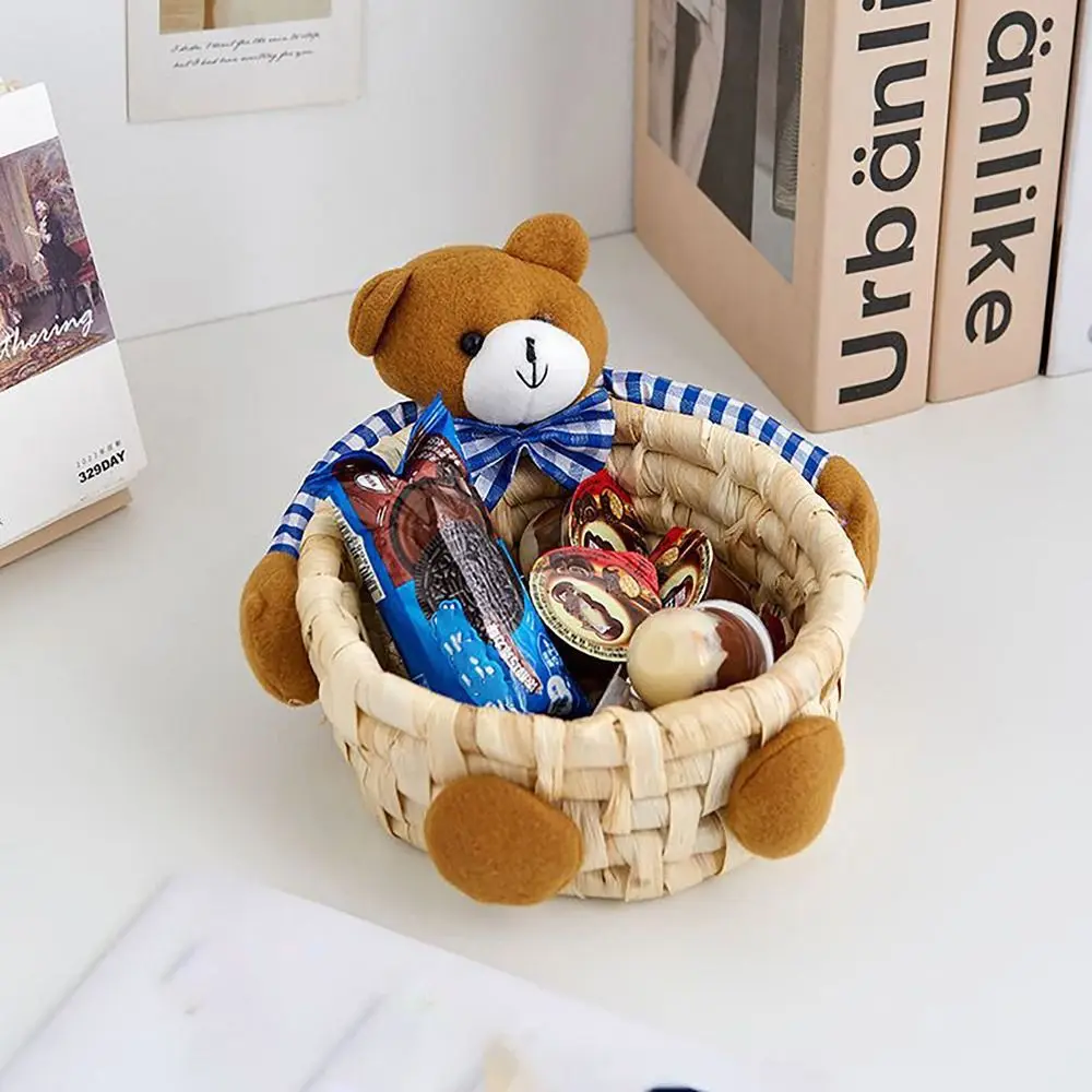 Bear Storage Basket Cute Large Capacity Straw Plaited Article Sundries Basket Multifunctional Cartoon Storage Box Office