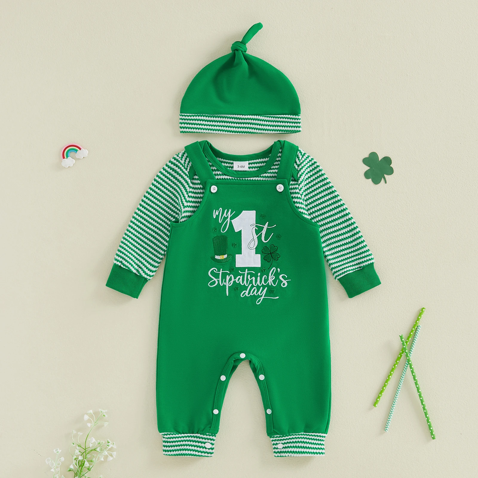 Baby Boy Irish Outfit Striped Long Sleeve Romper Clover Overall Pants and Hat 3 Piece Spring Set