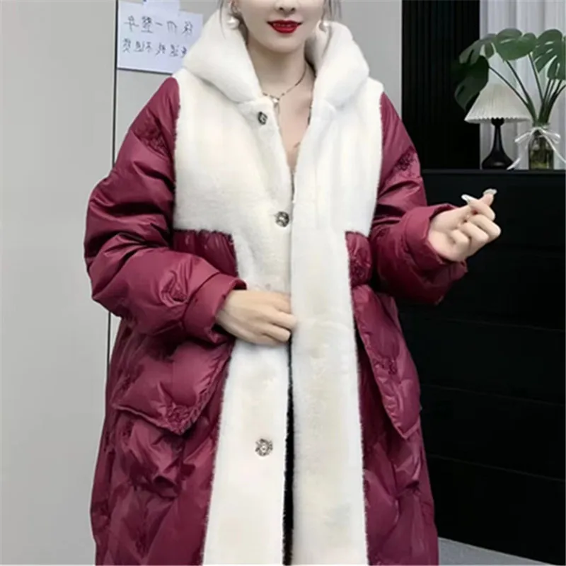 Abrigo de una sola botonadura para mujer, chaqueta de plumón de pato blanco, Parkas bordadas, ropa femenina de gran tamaño con capucha, nuevo, Invierno