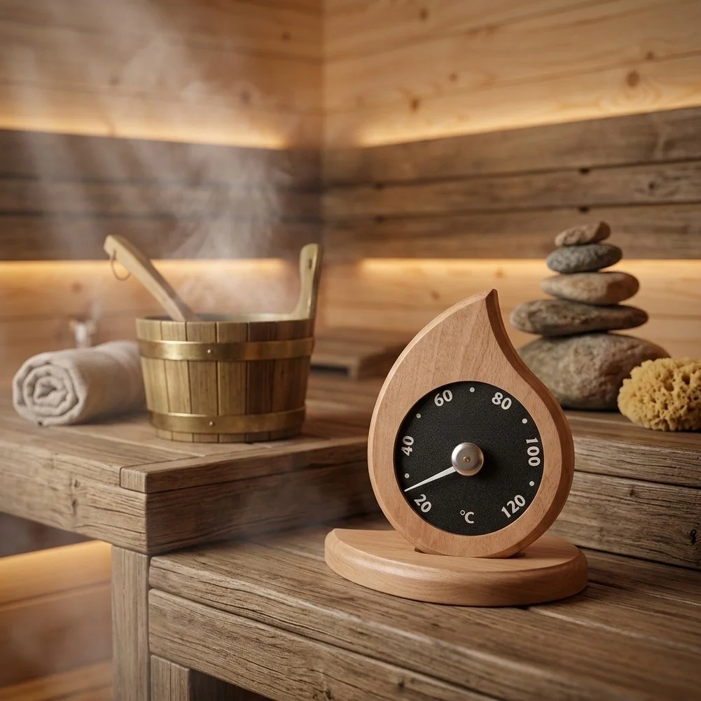 Sauna Thermometer Composed of Natural Wood for Fahrenheit Use with Attention to Number Scale and Humidity-Enduring Frame