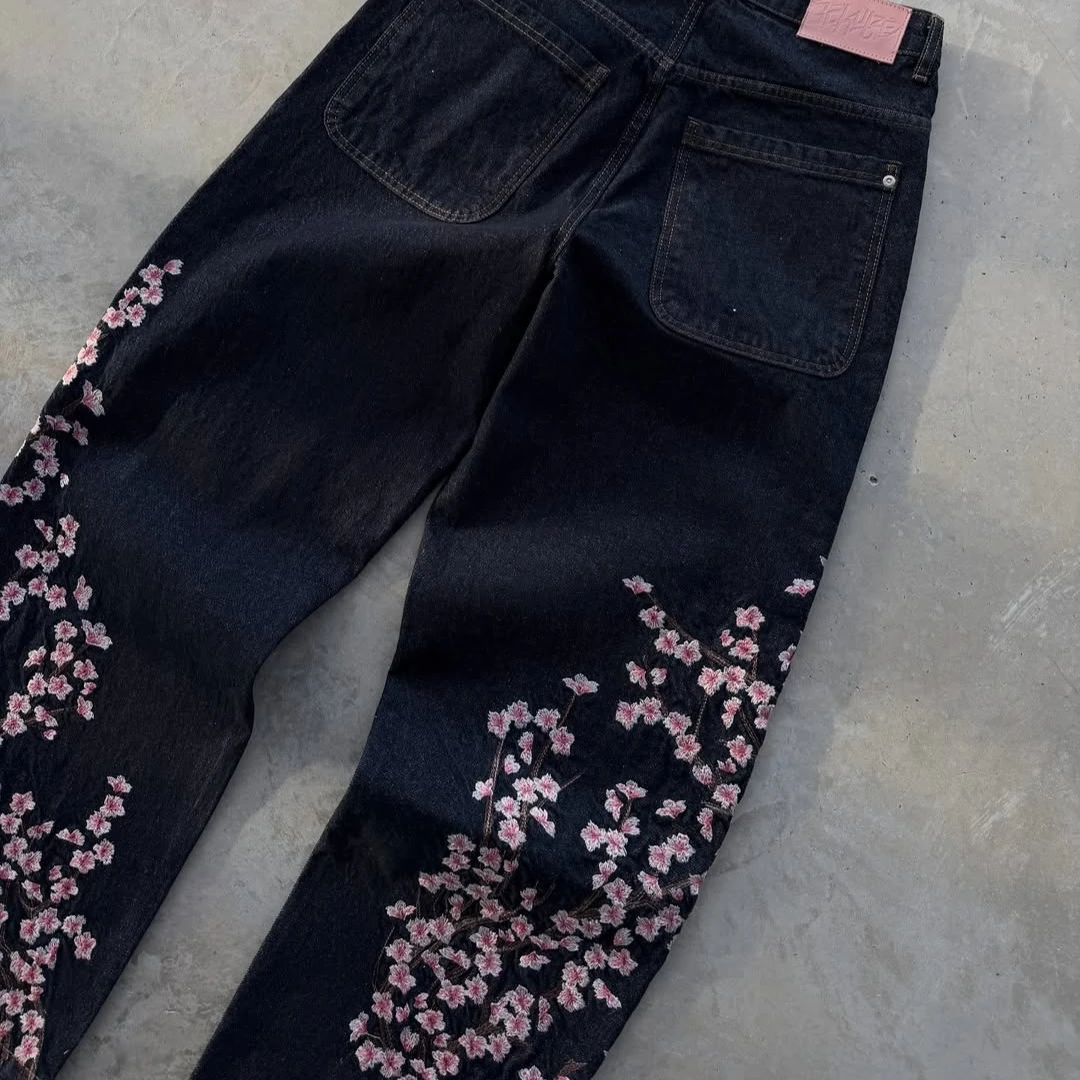 Spodnie Y2K Baggy Jeans Oversize z haftem kwiatów wiśni Harajuku Vintage z szerokimi nogawkami Gothic Męskie Damskie Hip Hop Proste nogawki
