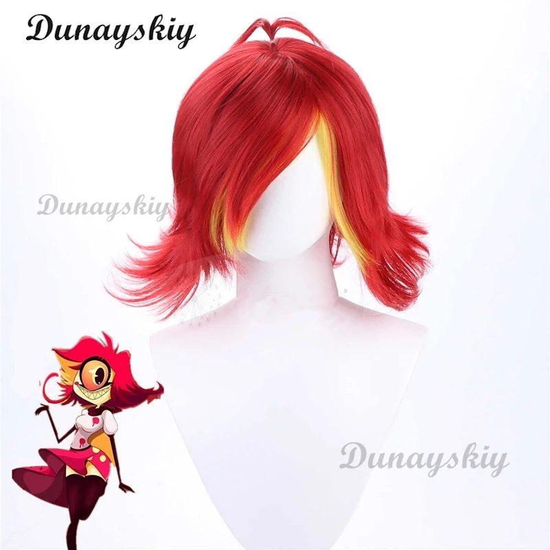 Hazbin Cos Niffty peluca Anime Hotel Cosplay pelucas cortas máscara de ojos rizada roja para mujer, fiesta de disfraces de Halloween, juego de rol