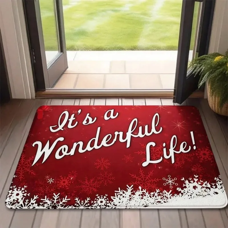 Christmas Door Mat Home Accent Festive Wonderful Life Snowflake Pattern Seasonal Entryway Floor Decor Indoor Outdoor Front Door