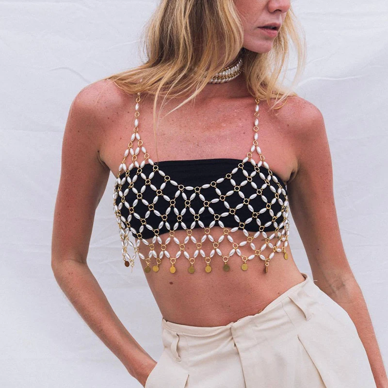 

Female Music Festival Body Beach Bikini Jewelry Sexy Gold Metal Chain Bralette Harness Pearl Body Chain