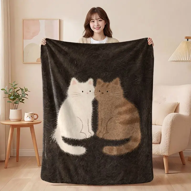 VIKAMA Cute Cat Blanket White Tabby Cat Cuddling Kids Throw for Sofa Living Room Bedroom Cozy Warm Kawaii Aesthetic Gift