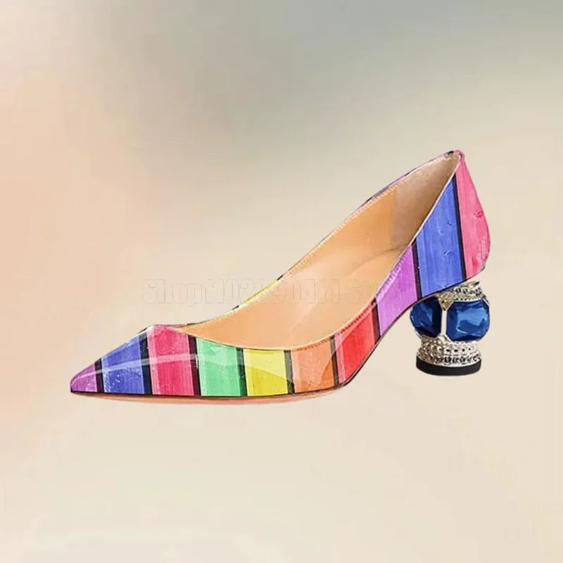 

Colorful Stripe Strange Style Heels Shallow Pumps Slip On Women Shoes Pointed Toe Fashion Party Banquet 2024 Zapatos Para Mujere