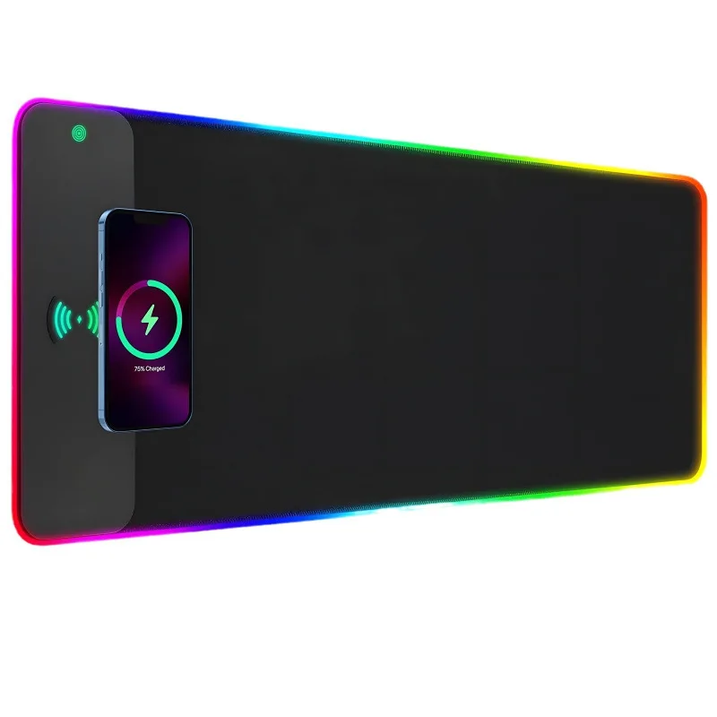 RGB Wireless Charging Mouse Pad 15W Fast Charging Extended Gaming Desk Mat Black Fabric Surface with Non Slip Rubber Base for