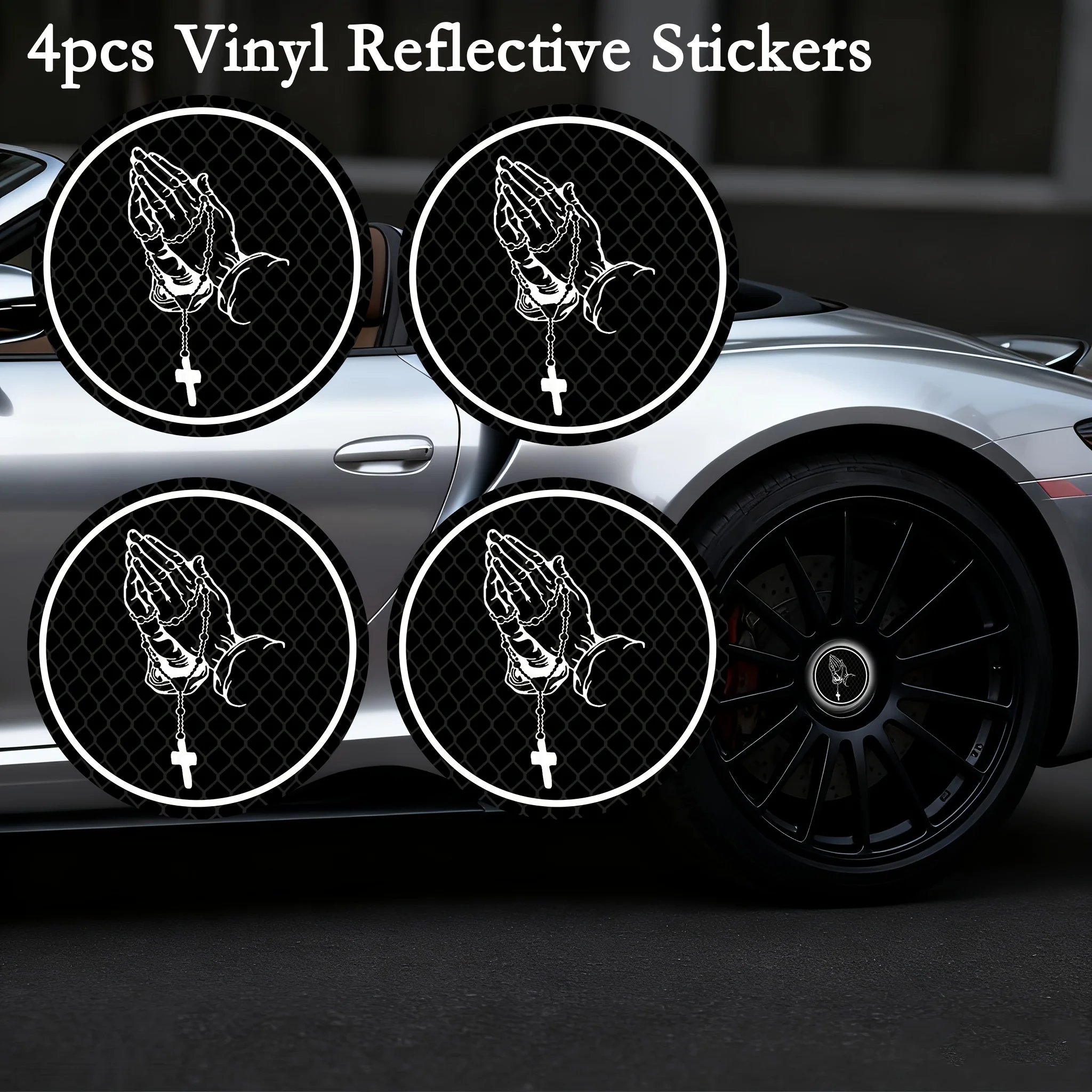 4Pcs Reflective Praying Hand Cross Vinyl Stickers, Waterproof Decals For Car Wheel Hub Center Cap Decor, Holiday Gift