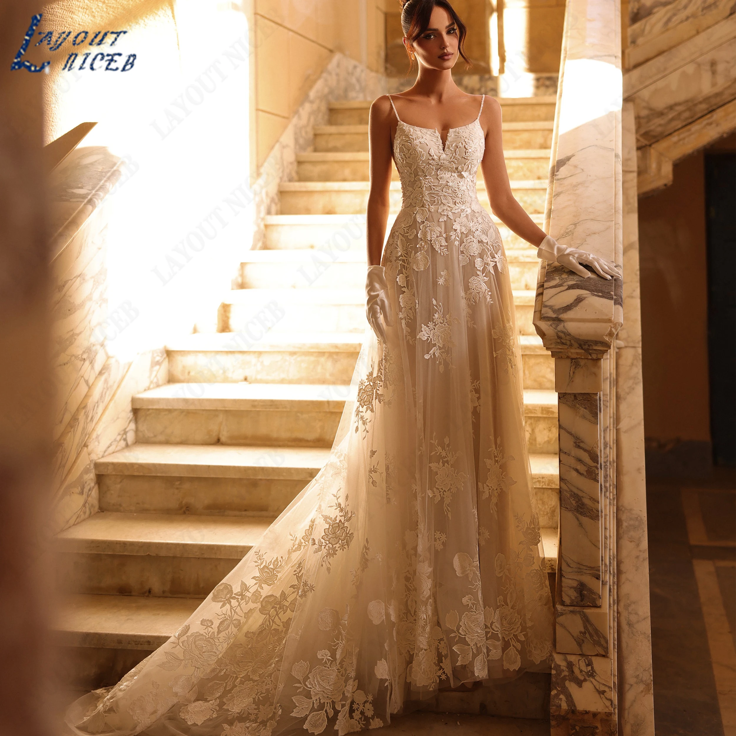 LAYOUT NICEB Spaghetti Strap Tulle Bridal Gown Customized Lace Applique Wedding Dress Scoop Neck A-Line Bride Gowns For Weddings