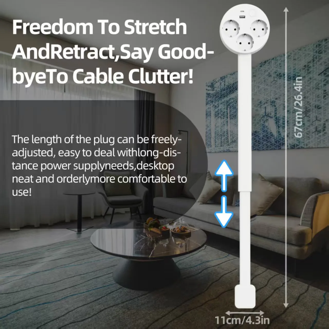 Rotating Outlet Extender With USB-A, USB-C & 2 Outlets – 180° Swivel, 22-30 Inch Reach, No Tools Needed, Command Strips