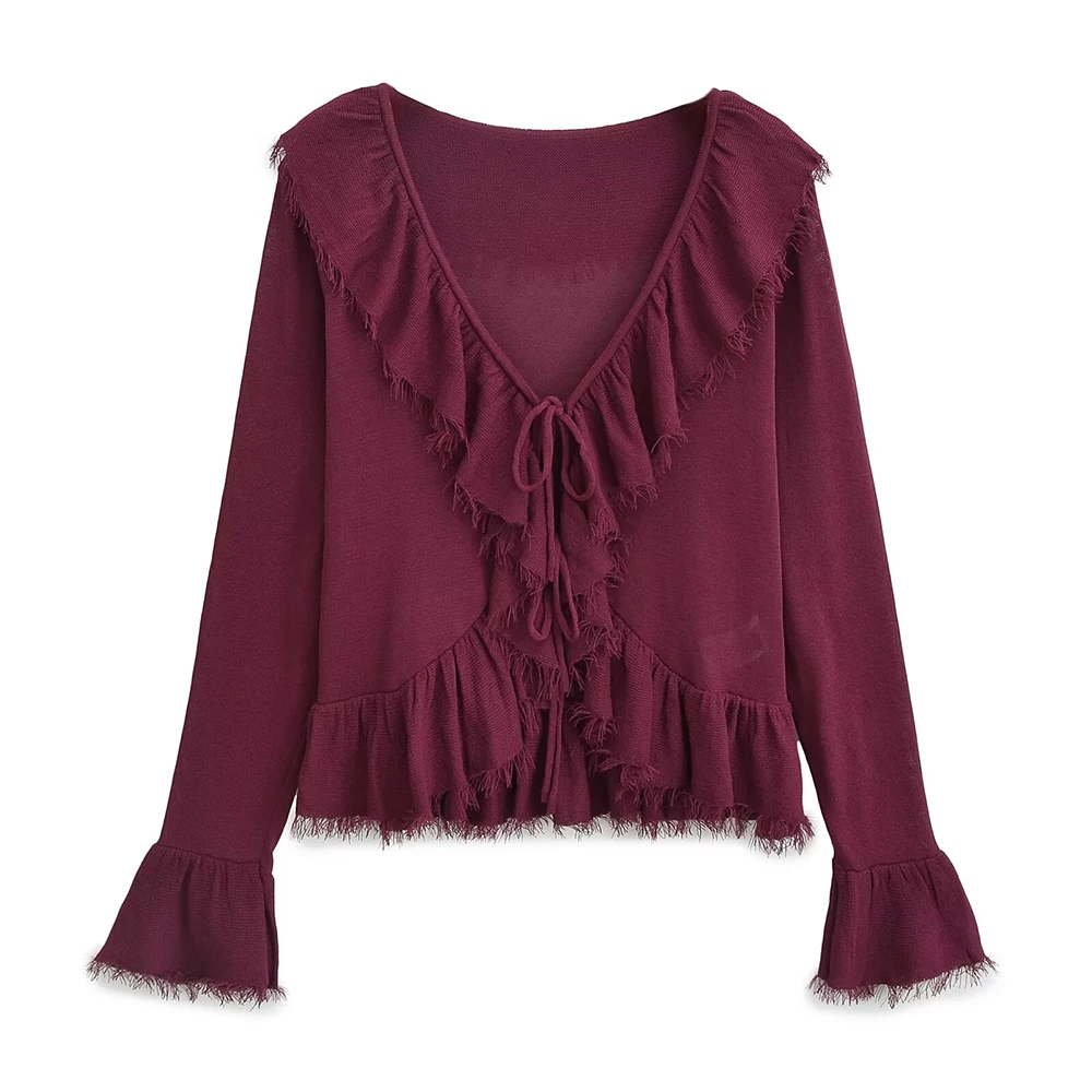 

Zach AiIsa autumn new women's all-match V-neck ruffled tassel lace-up loose knitted long-sleeved cardigan slim fit top