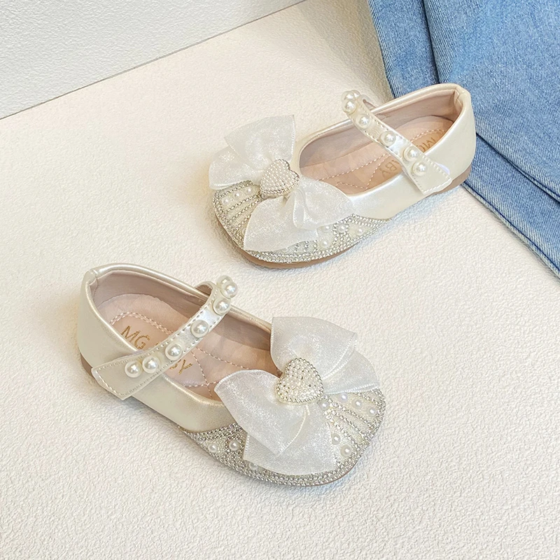 Girls Sandals 0-6 Years Old Pink Bow Pearl Girls Princess Shoes Beige Flat Non-slip Baby Walking Shoes Children Single Shoes