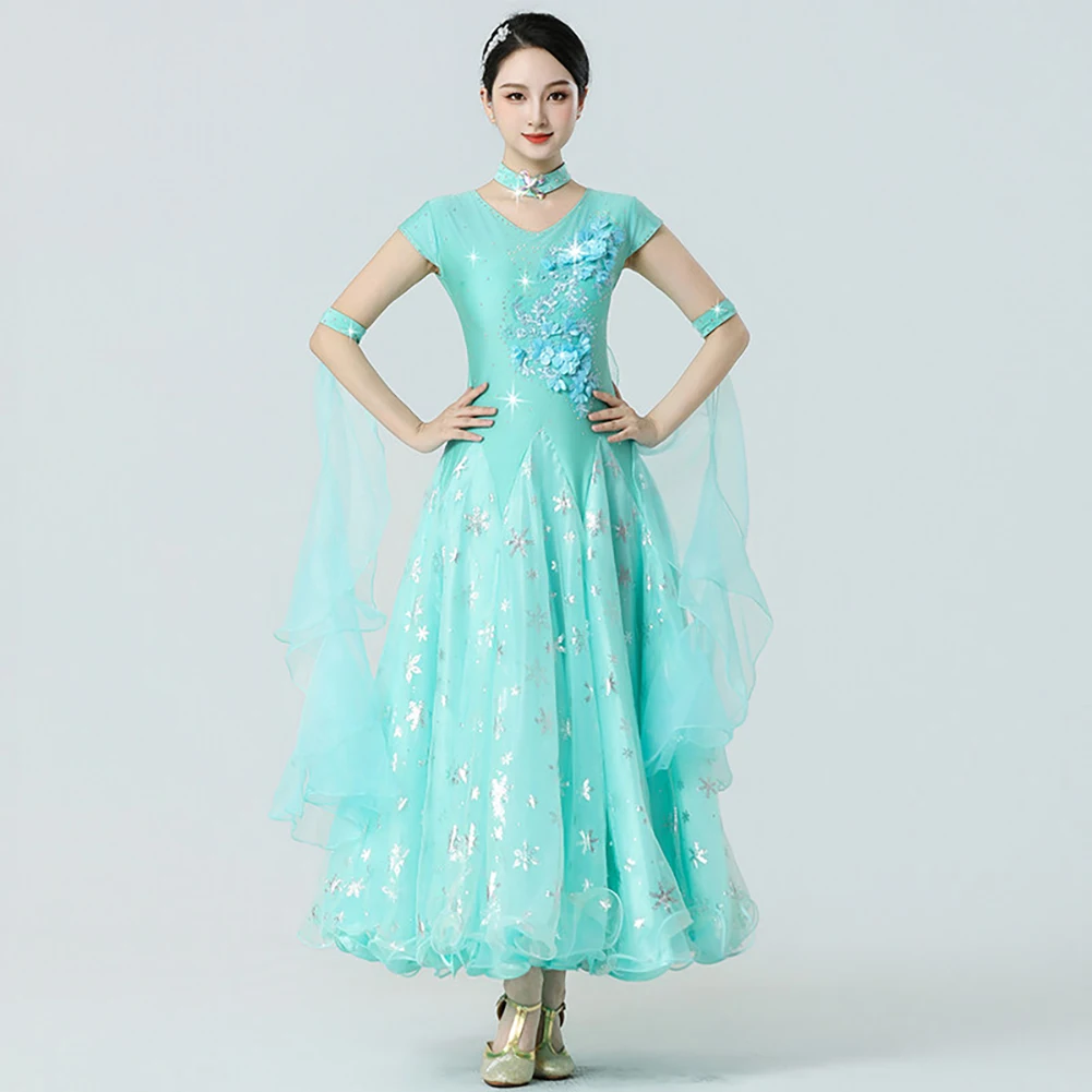 

Women's Standard Light Green Dancing Suit V-neck Adult New Summer Ballroom Dance Modern Costume Waltz Rhinestone Short Sleeve