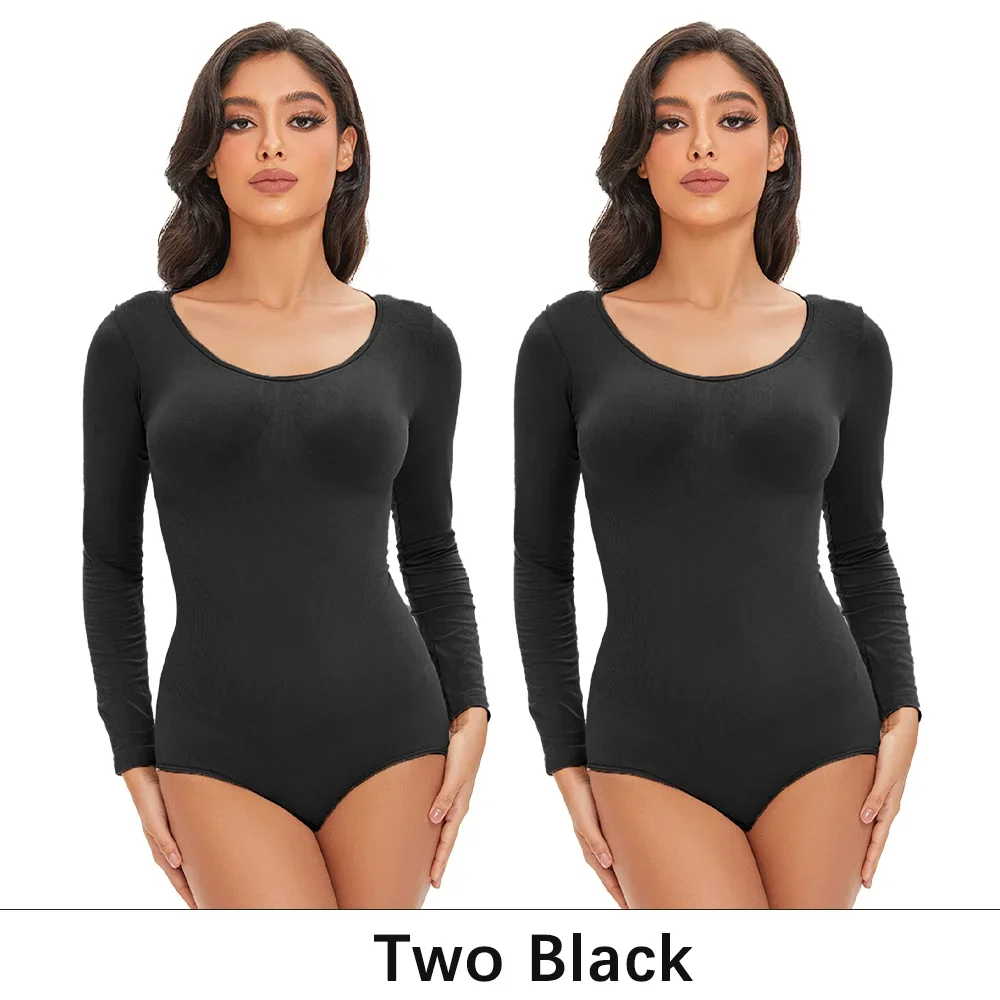 POKARLA Spandex Elastischer Bodysuit Shapewear Damen Körperformer Bauchkontrolle Langarm Offener Schritt Rundhals Nahtlose Shapewear