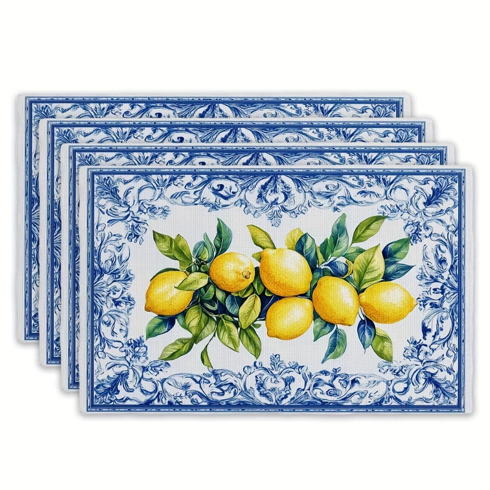 Blue Scroll Border Lemon Printed Placemats Mediterranean Table Decor Coastal Dining Cabinet Display Vintage Dining Table Gift