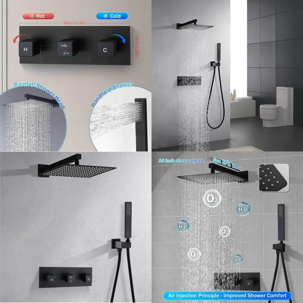 

10 Rainfall Shower with Square Handheld, High-Pressure Luxury Shower Set, Matte Black Wall Mount