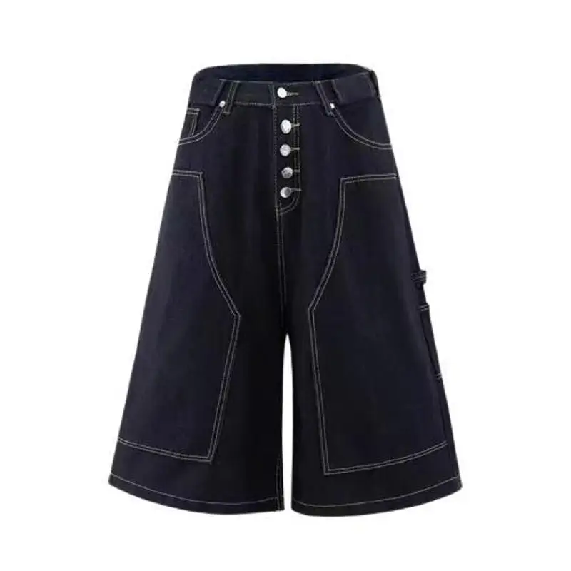 Summer Trendy Men's Straight Leg Jeans Loose Fit Vintage Original Color Buttoned Workwear Design Wide Leg Seven-Foot Pants