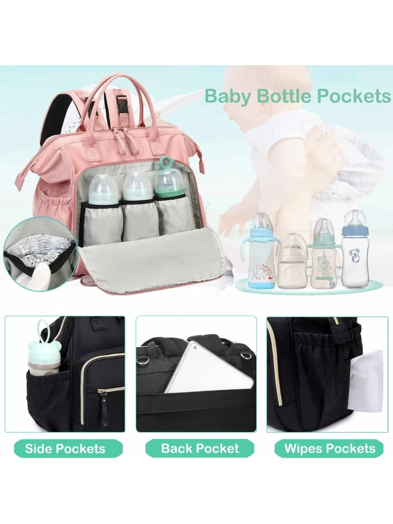 Diaper Bag with Anti-theft Pocket, Waterproof Mommy Backpack for Baby & Travel Storage
