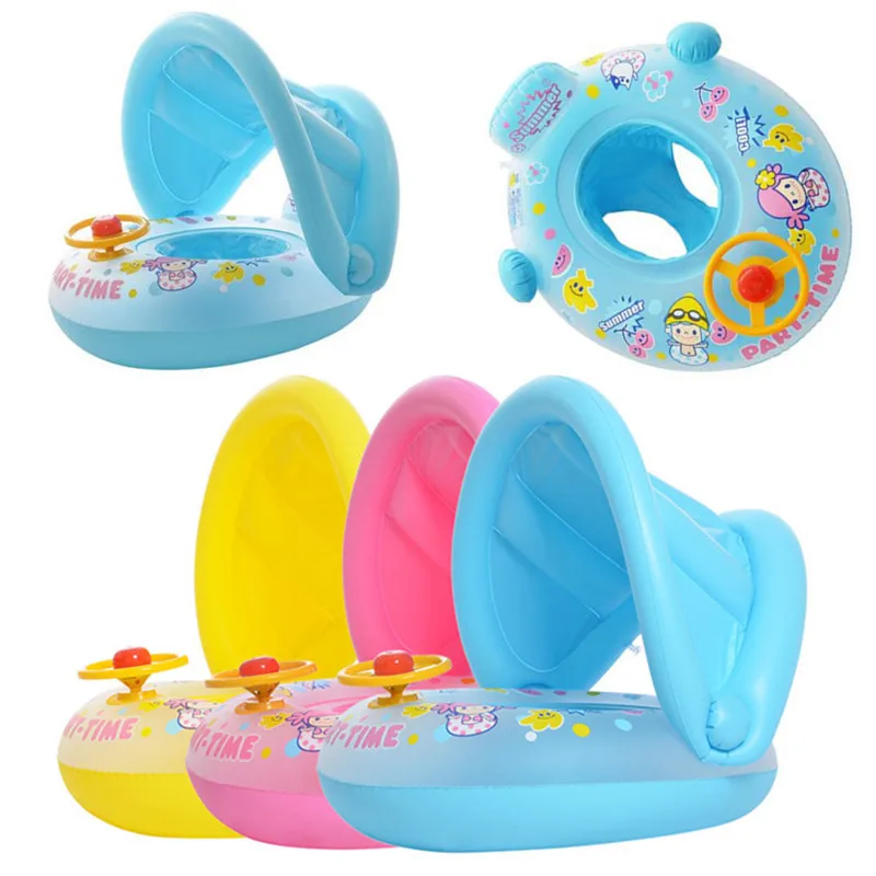 Cartoon Inflatable Baby Swim Ring Seat Floating Sunshade Toddler Swim Circle Bathtub Swimming Pool Beach Party Outdoor Water Toy