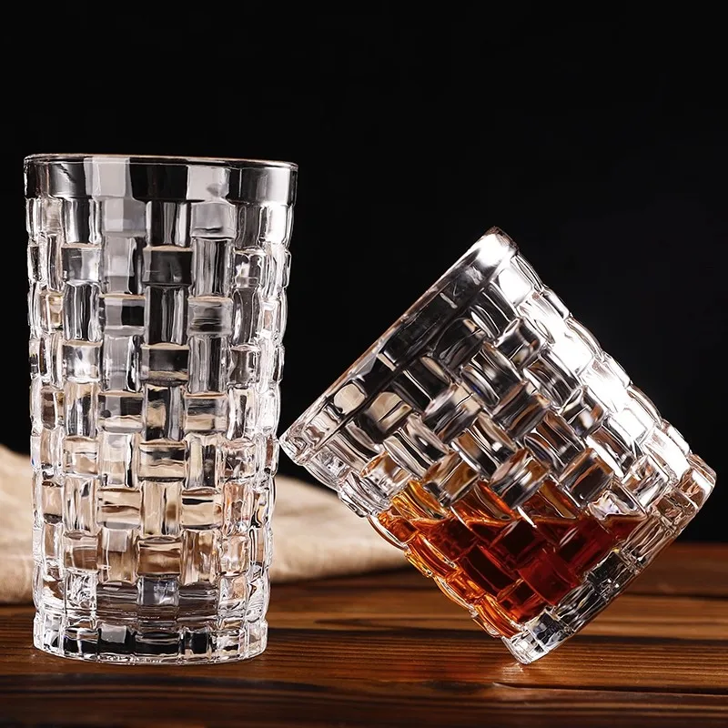 

Willow woven relief gold border glass whiskey cup milk tea cold drink juice cup whiskey cup bar