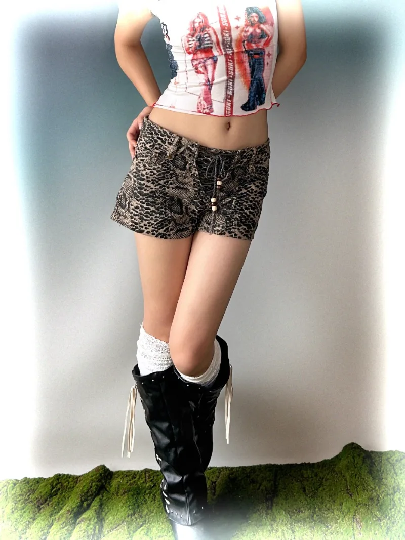 Japanese Summer Leopard Print Subculture Retro Denim Versatile Y2k Wasteland Maillard Low Waist Lace-up Design Shorts For Women
