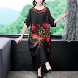 Women Summer Large Retro Versatile Loose Fit Leisure Korean Casual Party Dress Vestidos 2024 New Fashion Silk Printed Dress