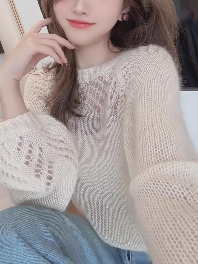 

Женский ажурный вязаный свитер, тонкий длинный све, весенне-осенний корейский свободный крой, повседневный теплый удерживающий топ