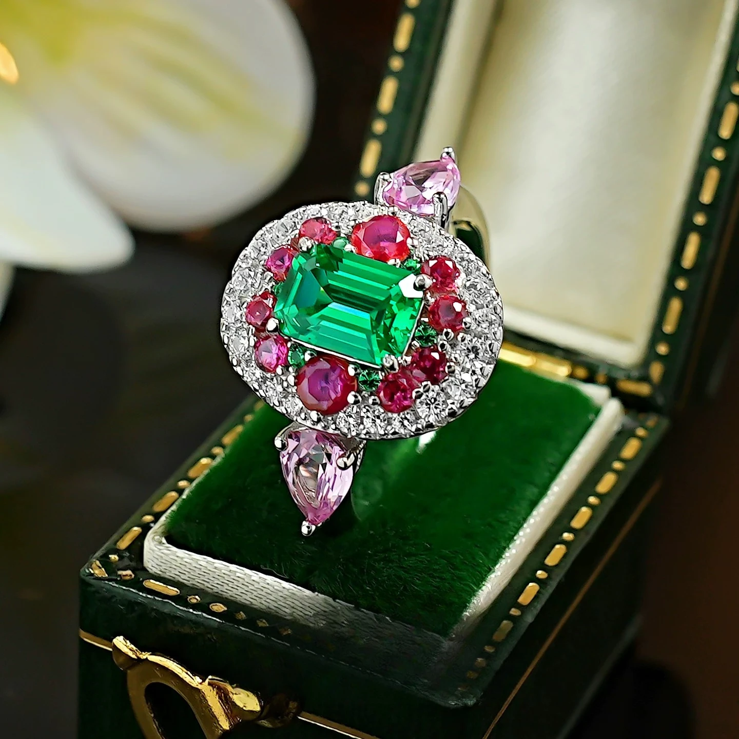 S925 silver ring retro contrasting emerald cutting · 5 * 7mm zircon luxury inlaid heavy industry banquet women's jewelry