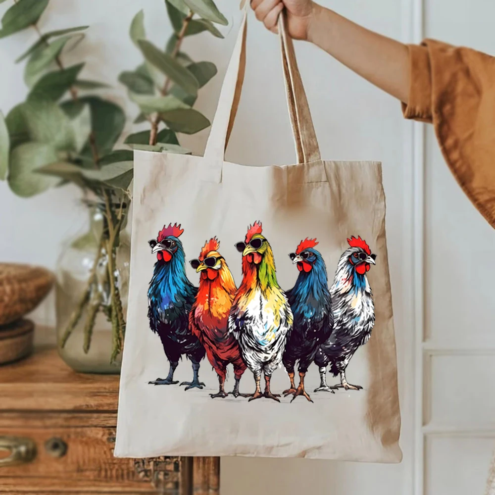 Sac fourre-tout jetable pour femme, groupe de poulets portant des lunettes de soleil, sacs en toile spinale, imprimé de groupe, drôle, initié, super mignon