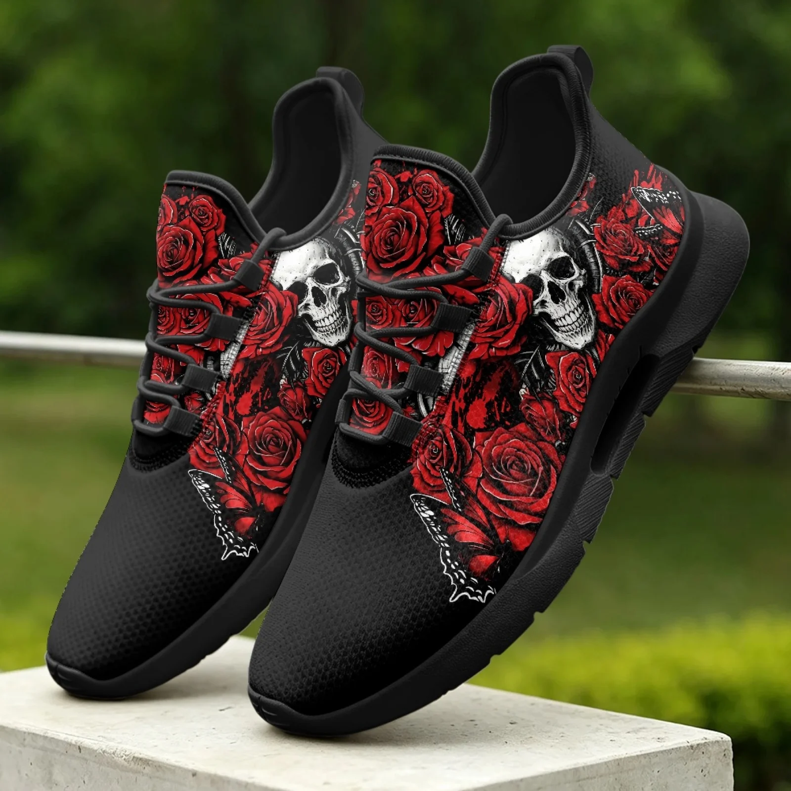 XIXIRIMIDO Lace-up Casual Shoes Men's Sneakers Comfortable Breathable Walking Shoe Women's Lightweight Sneaker Soft Rose Skull