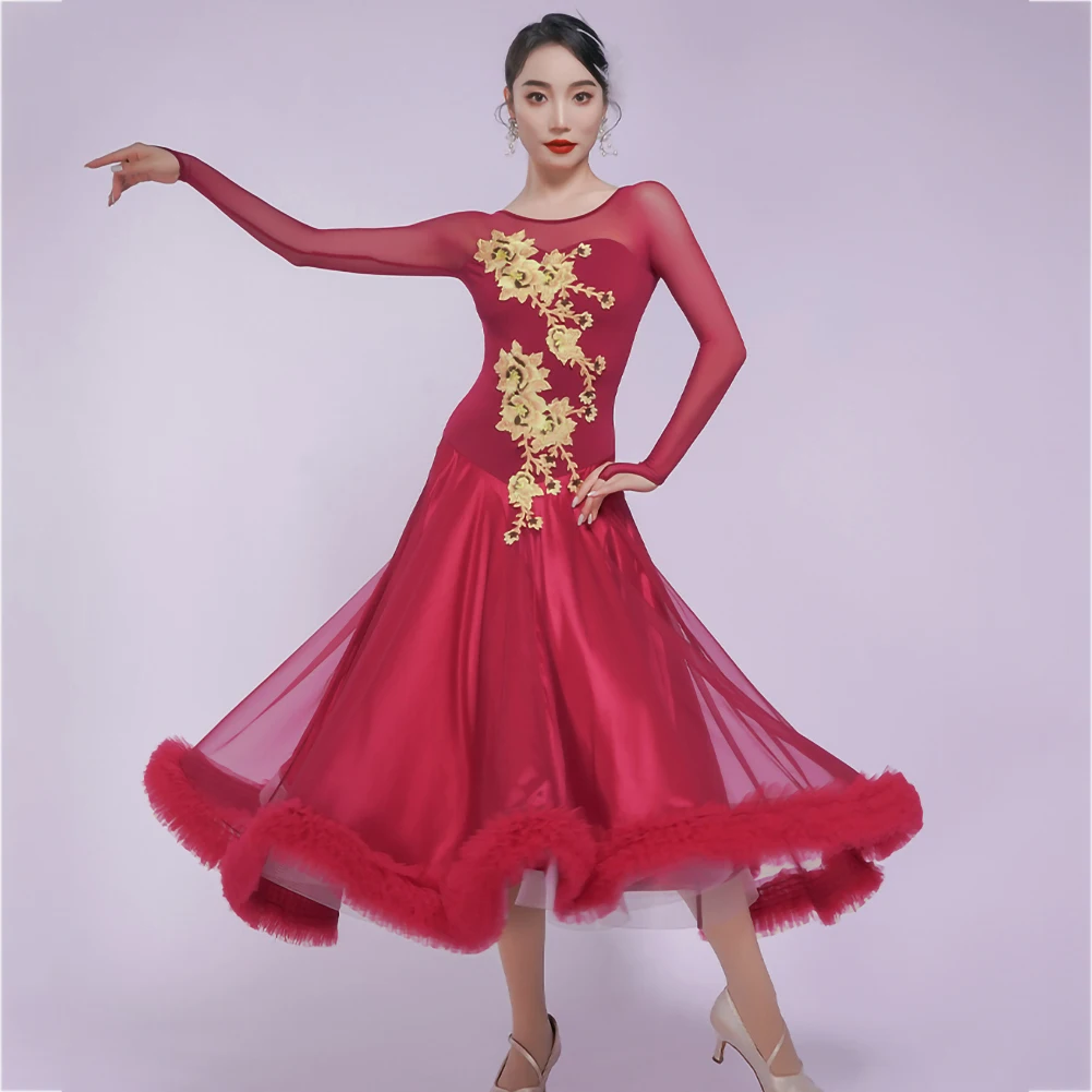 

Ballroom Round Neck Waltz Competition Dress Embroidered Stereo Skirt Practice High Quality Pearl White Performance Dress