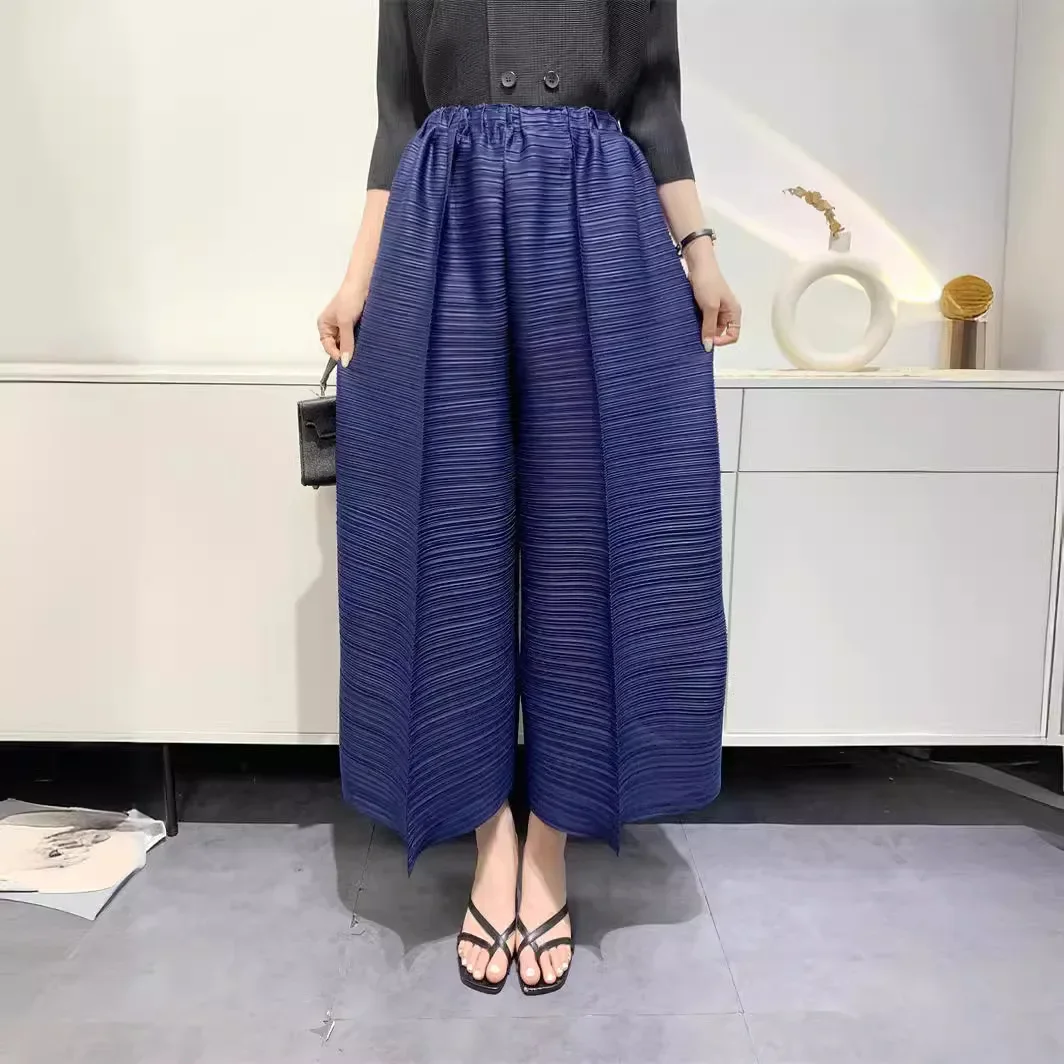 Wide-leg pants for women Miyake Pleated Fashion loose straight leg high waist horizontal pleated niners