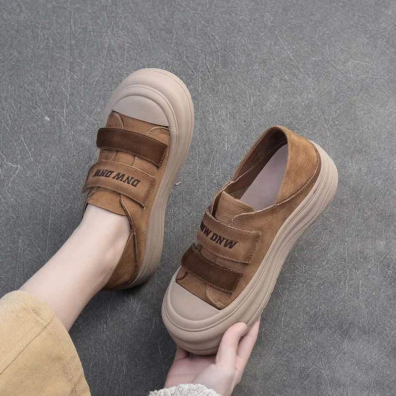 Birkuir ريترو مختلط الألوان حذاء مسطح للنساء هوك حلقة أحذية رياضية كاجوال أحذية 2025 جلد طبيعي كعب سميك مبركن المعاول