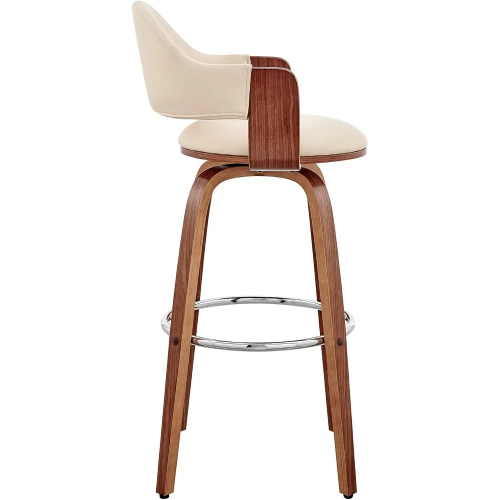 Daxton Mid Century Modern Swivel Bar Stool for Kitchen Island Counter in Cream Faux Leather and Walnut Wood, 26" Seat Height