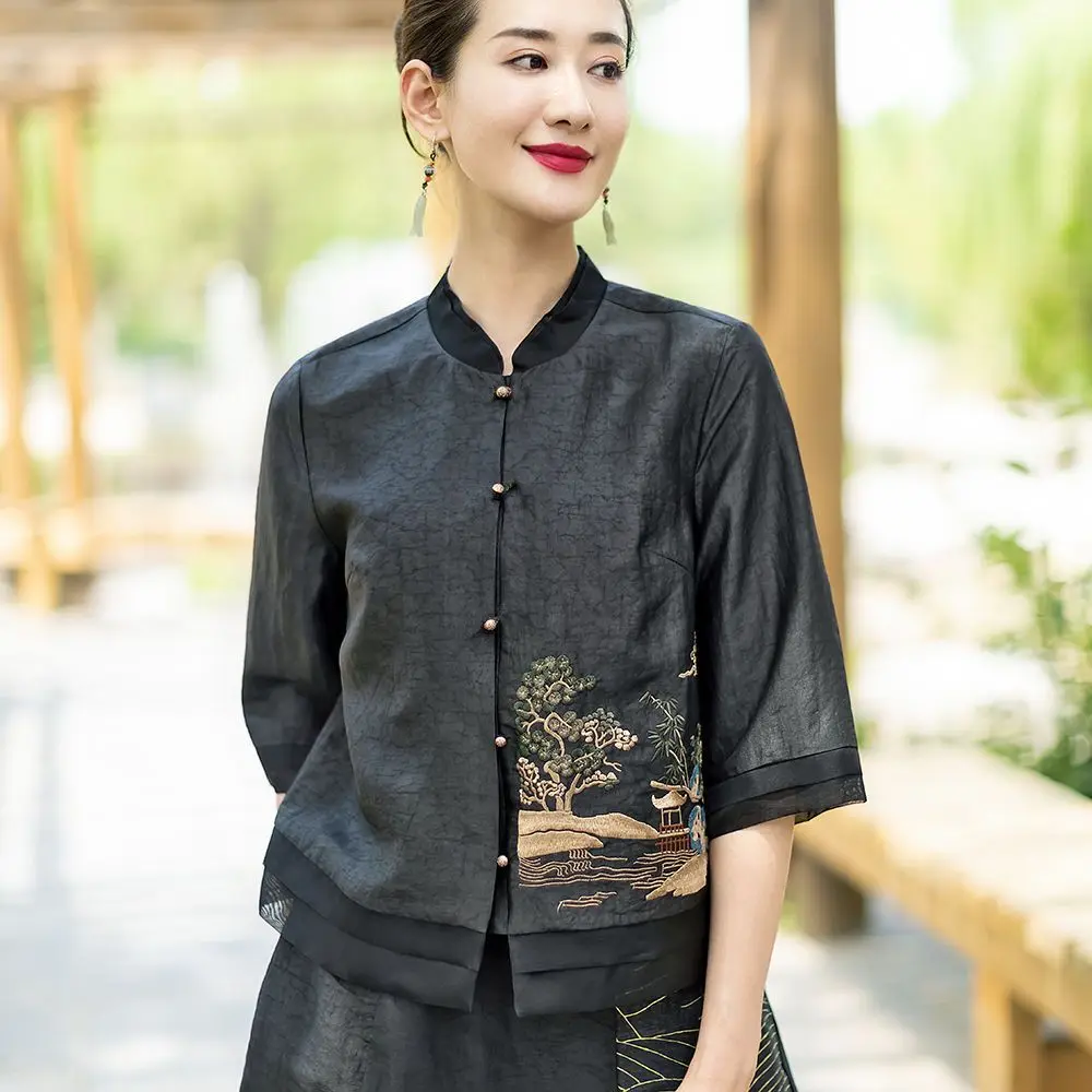 2024 new chinese style jacket button Breathable black shirt women graceful half sleeves blouse fashion tangsuits top