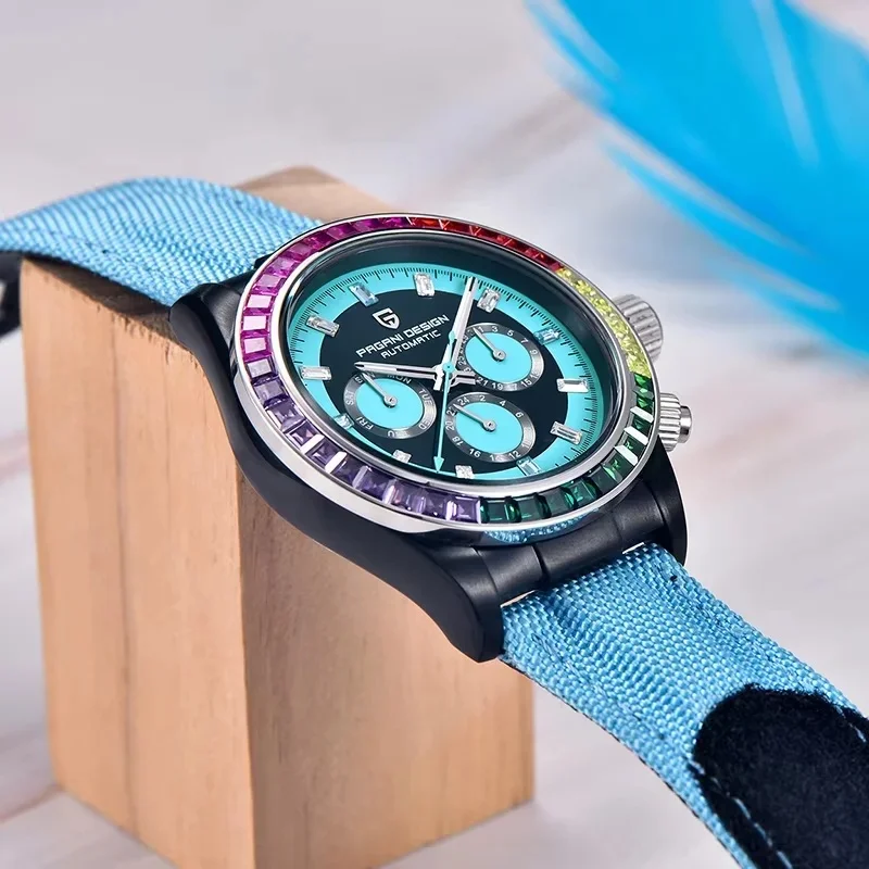 PAGANI DESIGN-1732 Men Automatic Watch,Rainbow Crystal Bezel,Multi-Function Calendar Dial Light Blue Nylon Strap Luminous