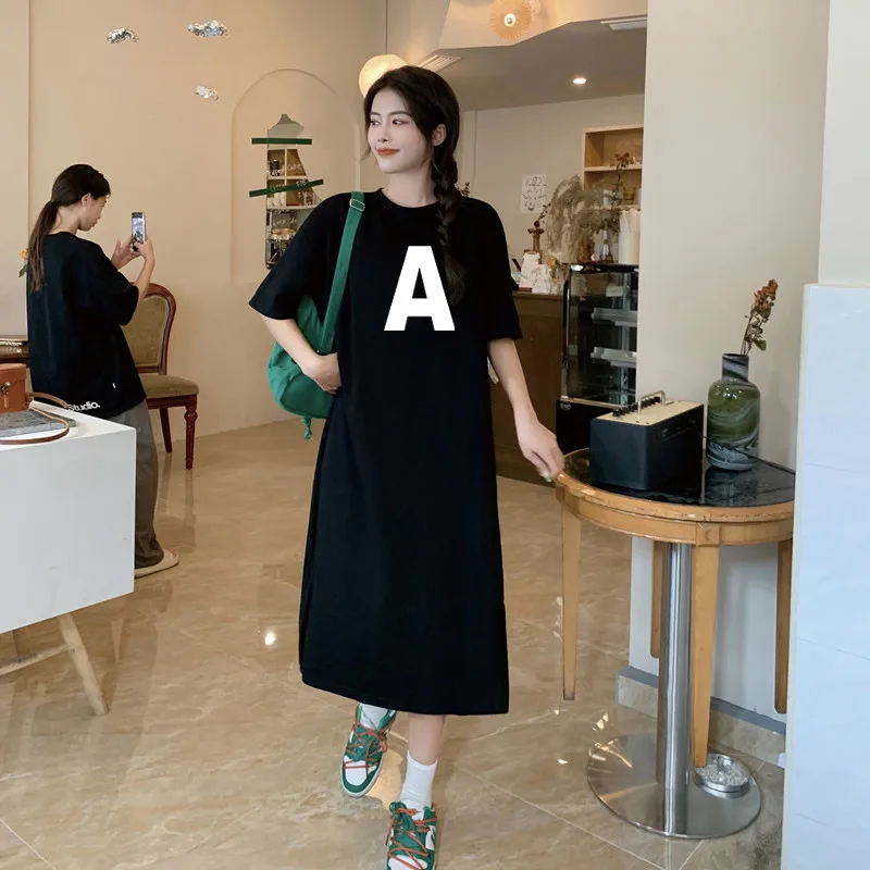 Summer Fashion Simple English Print Loose and Casual Short Sleeve Maternity Dress