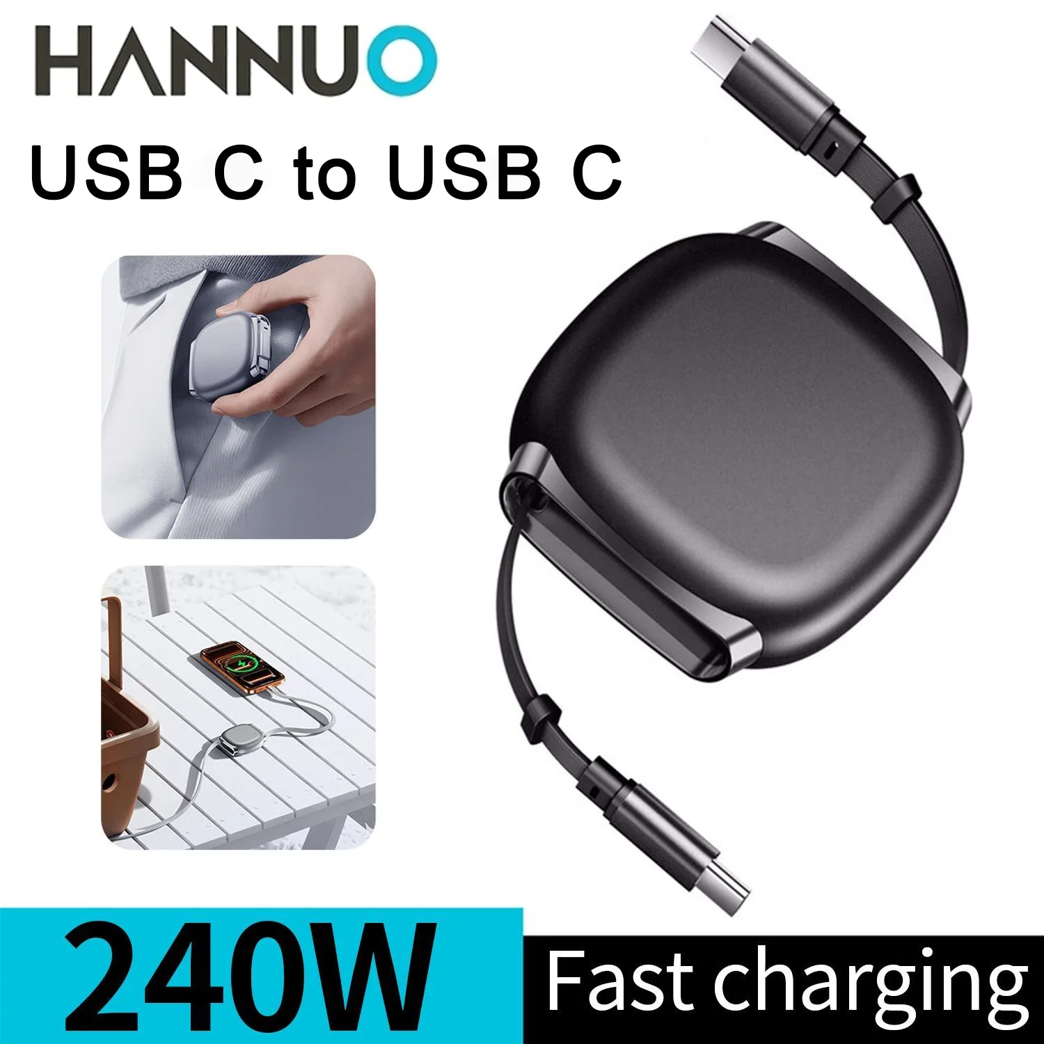 HANNUO 240W USB C to USB C Cable Retractable Type C Cable For MacBook iPad For iPhone 17 16 15 Pro Max For Xiaomi Samsung USB C